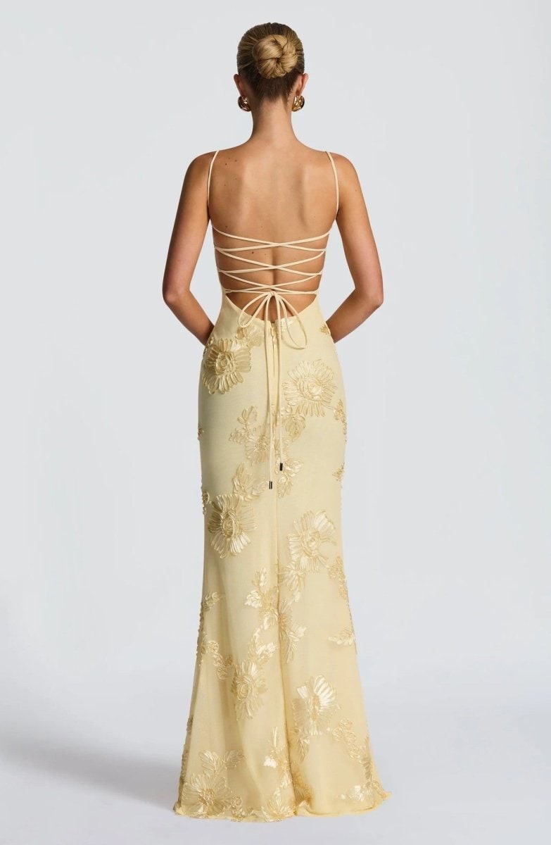 Formal Evening Dress Maxi with Floral Appliques and Spaghetti Straps - Image 9
