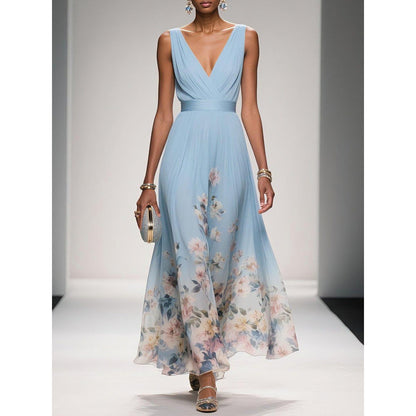 Formal Evening Maxi Dress with Floral Print and Sleeveless V-Neck - Image 1