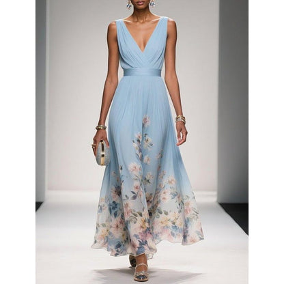 Formal Evening Maxi Dress with Floral Print and Sleeveless V-Neck - Image 11