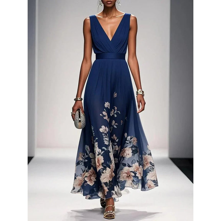 Formal Evening Maxi Dress with Floral Print and Sleeveless V-Neck - Image 2
