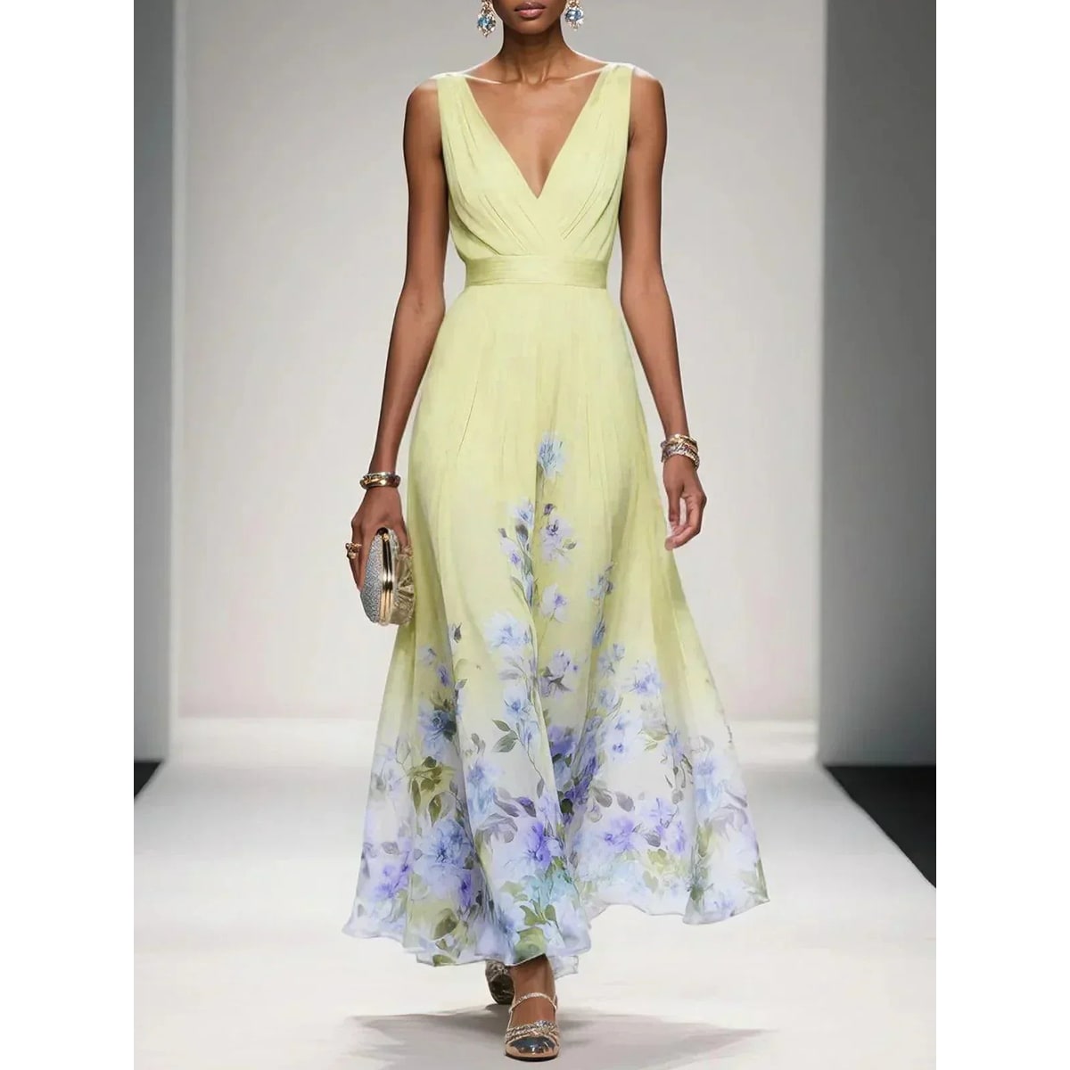 Formal Evening Maxi Dress with Floral Print and Sleeveless V-Neck - Image 3