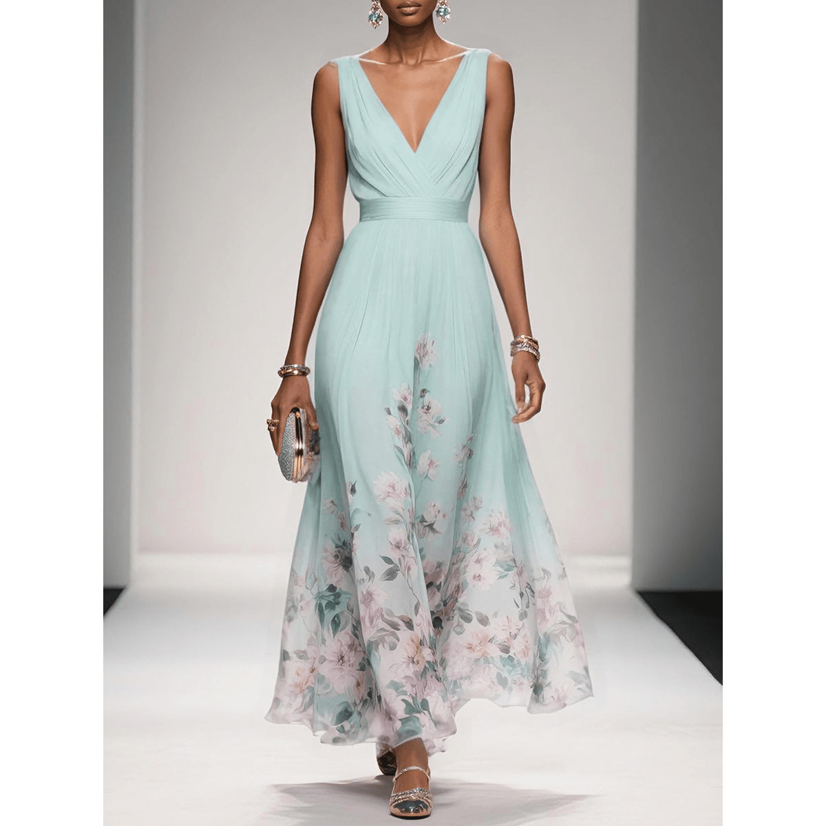 Formal Evening Maxi Dress with Floral Print and Sleeveless V-Neck - Image 4