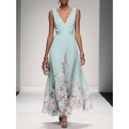 Formal Evening Maxi Dress with Floral Print and Sleeveless V-Neck - Image 4