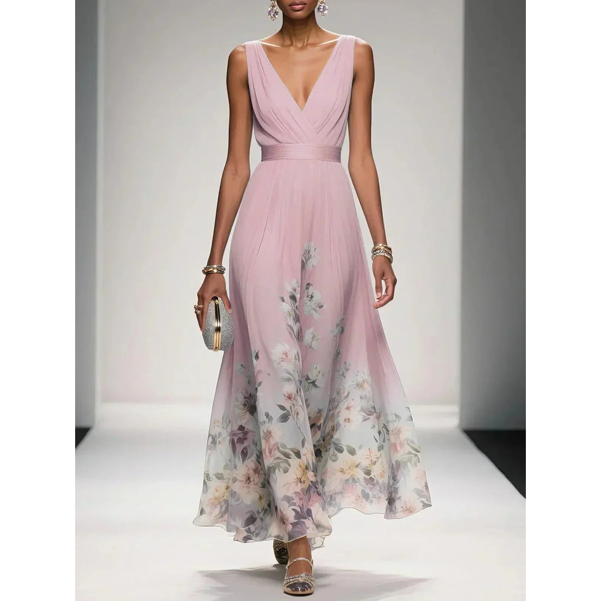 Formal Evening Maxi Dress with Floral Print and Sleeveless V-Neck - Image 5