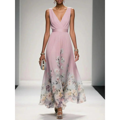 Formal Evening Maxi Dress with Floral Print and Sleeveless V-Neck - Image 5