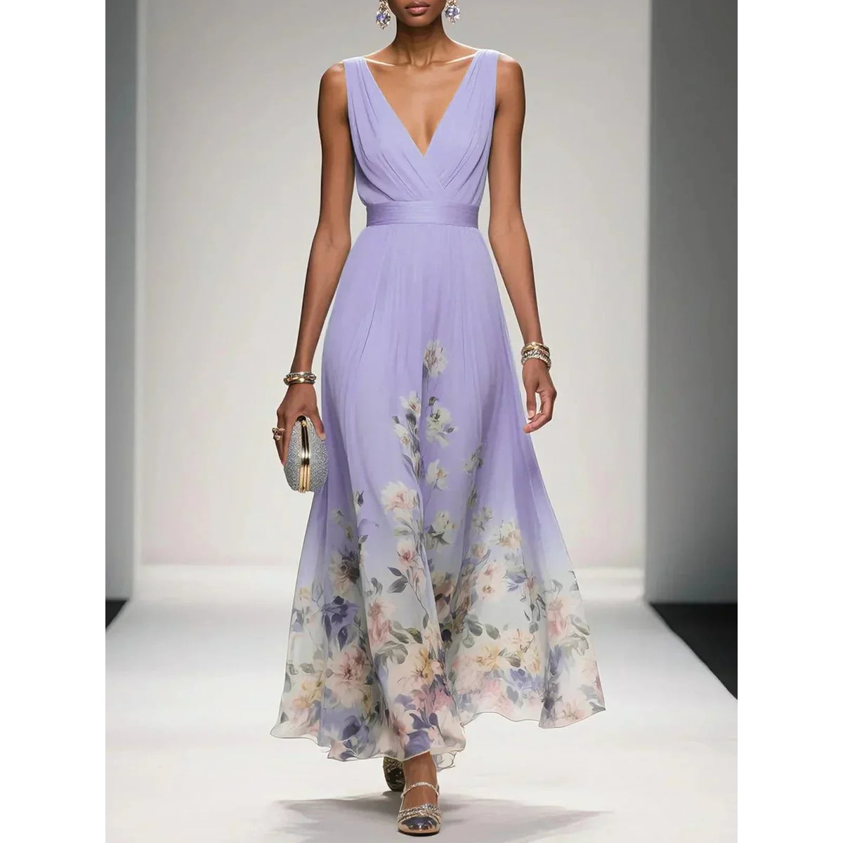 Formal Evening Maxi Dress with Floral Print and Sleeveless V-Neck - Image 6
