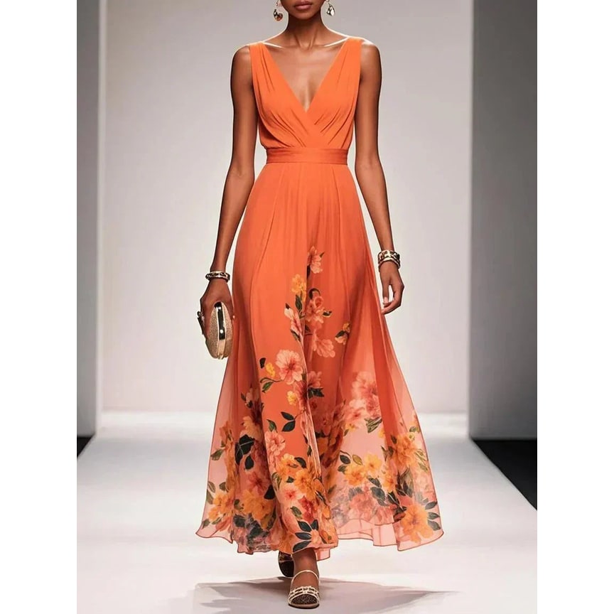 Formal Evening Maxi Dress with Floral Print and Sleeveless V-Neck - Image 7