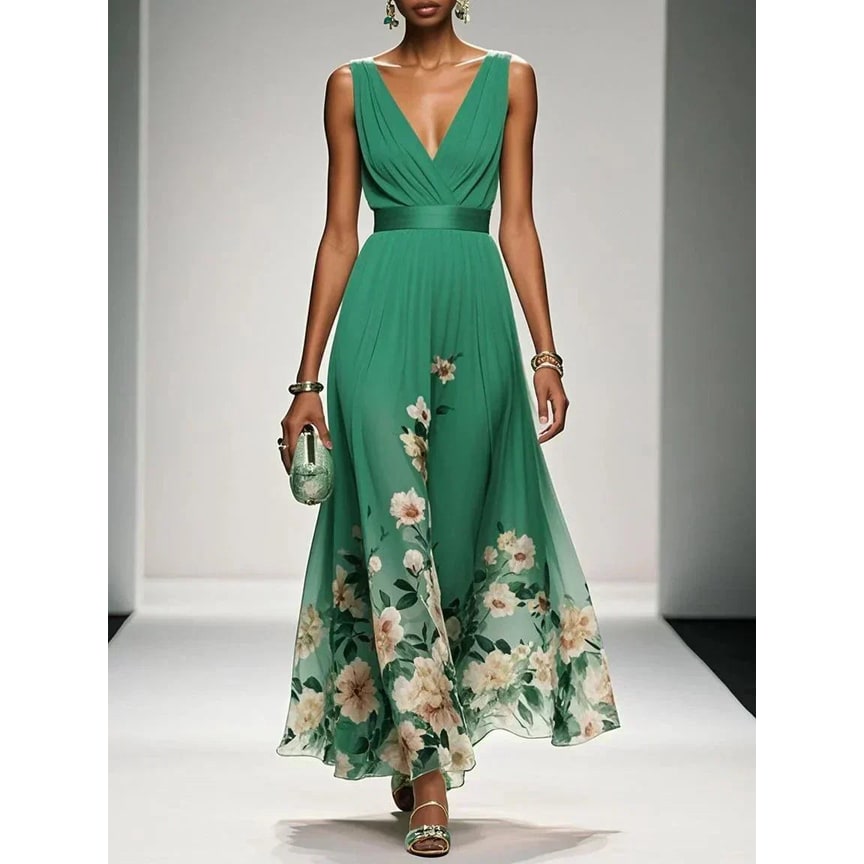 Formal Evening Maxi Dress with Floral Print and Sleeveless V-Neck - Image 8