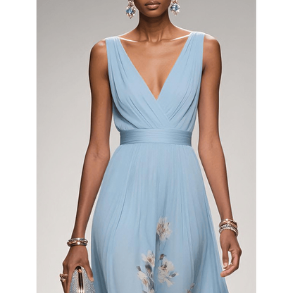 Formal Evening Maxi Dress with Floral Print and Sleeveless V-Neck - Image 9