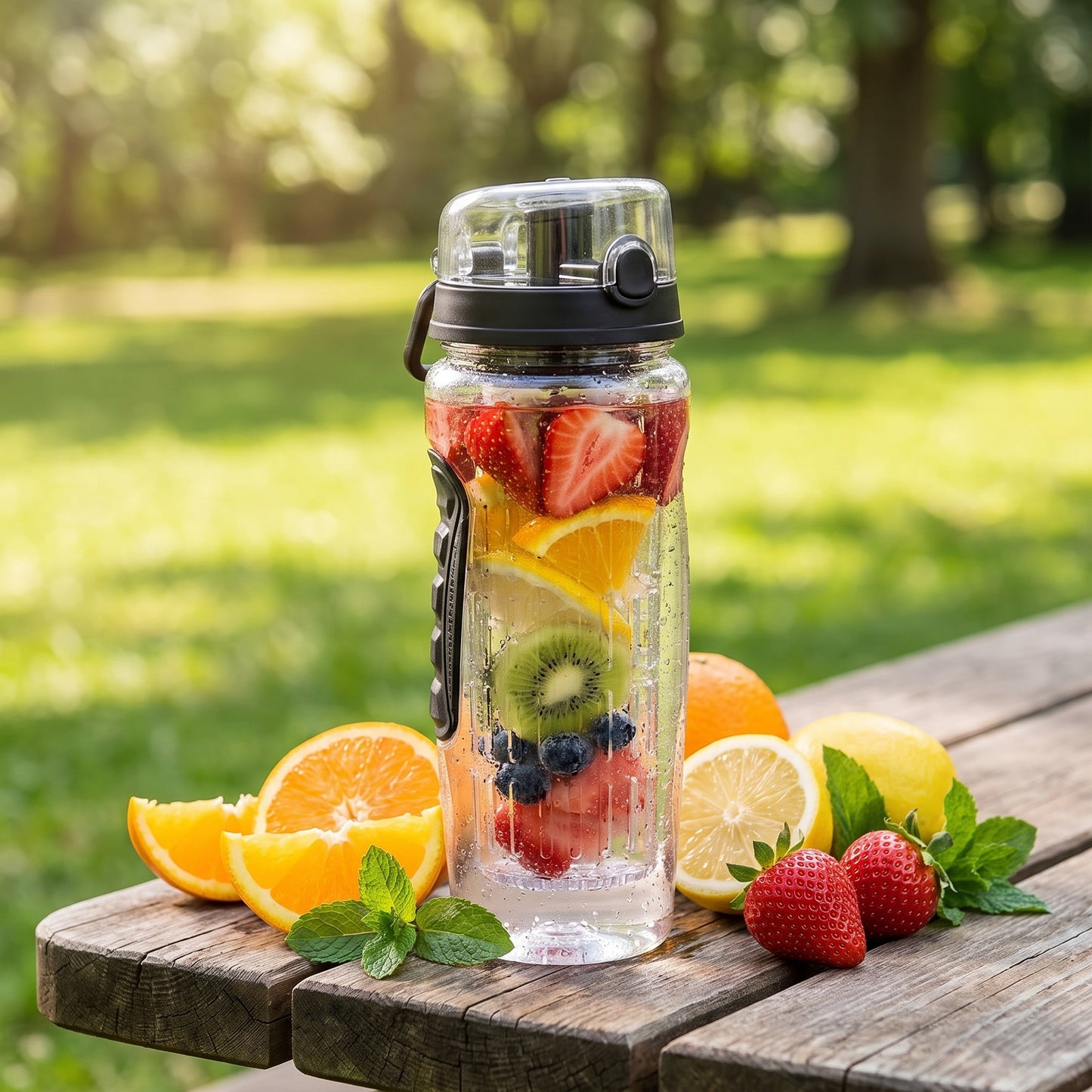 Water Bottle Fruit Infuser Clear Leakproof Design Flip-Top Lid - in-use