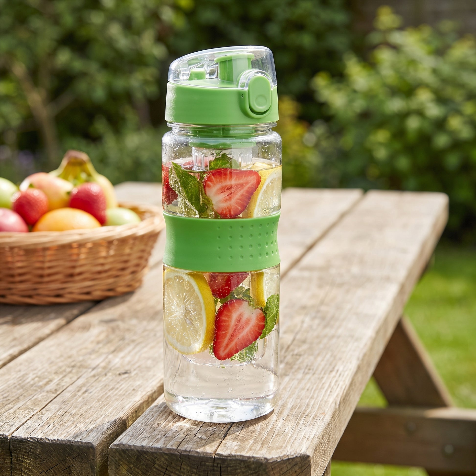 Water Bottle Fruit Infuser Clear Leakproof Design Flip-Top Lid - in-use