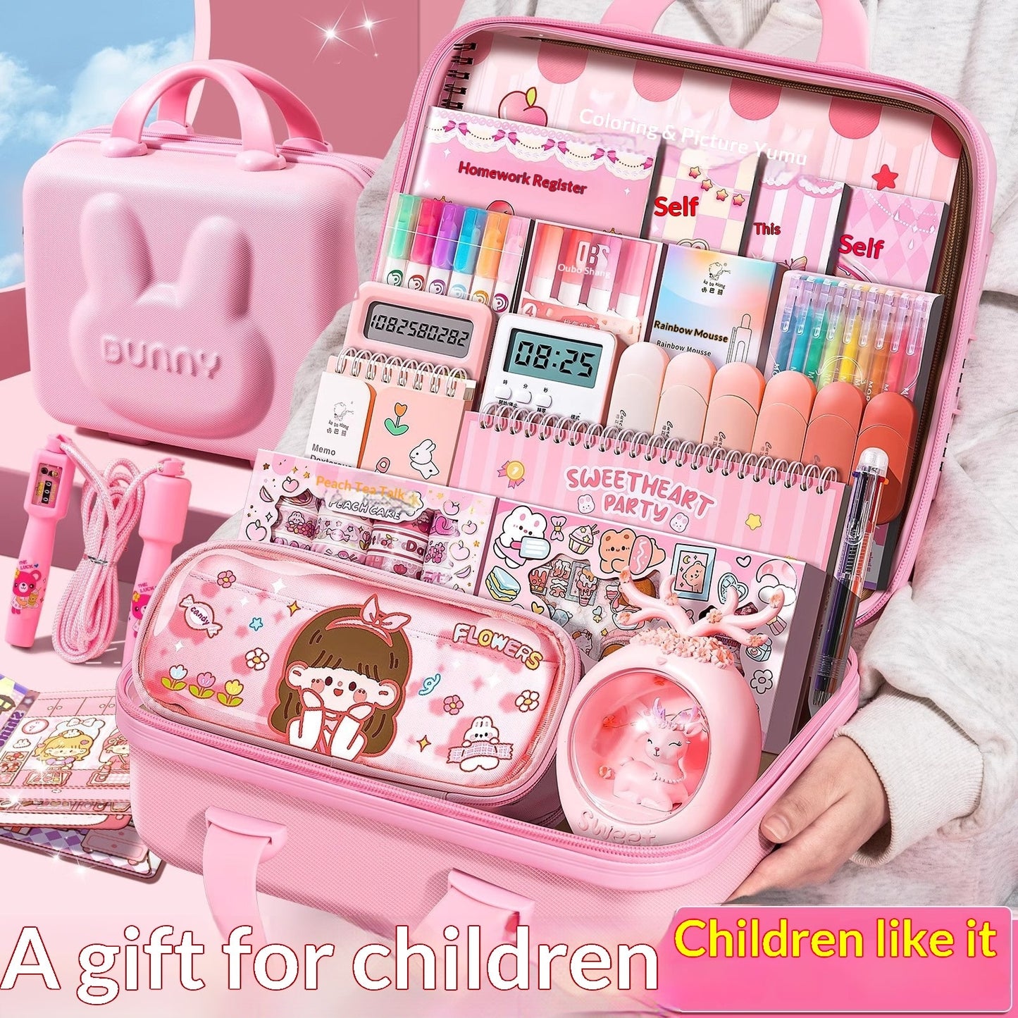 Gift Pink School Supplies Cute Cartoon Childrens Stationery Set - Image 1