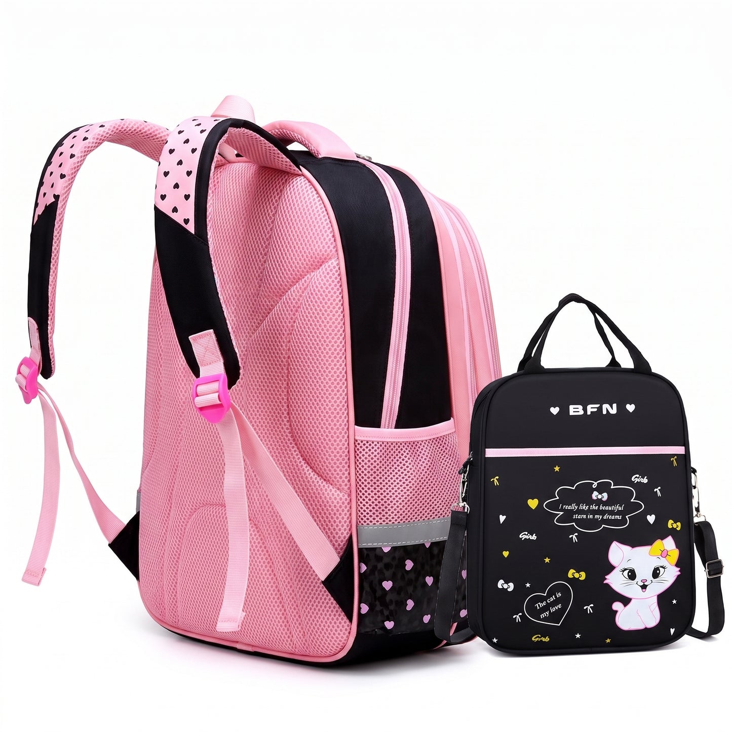 Kids Backpack Black Print Bag Cat Design - angle