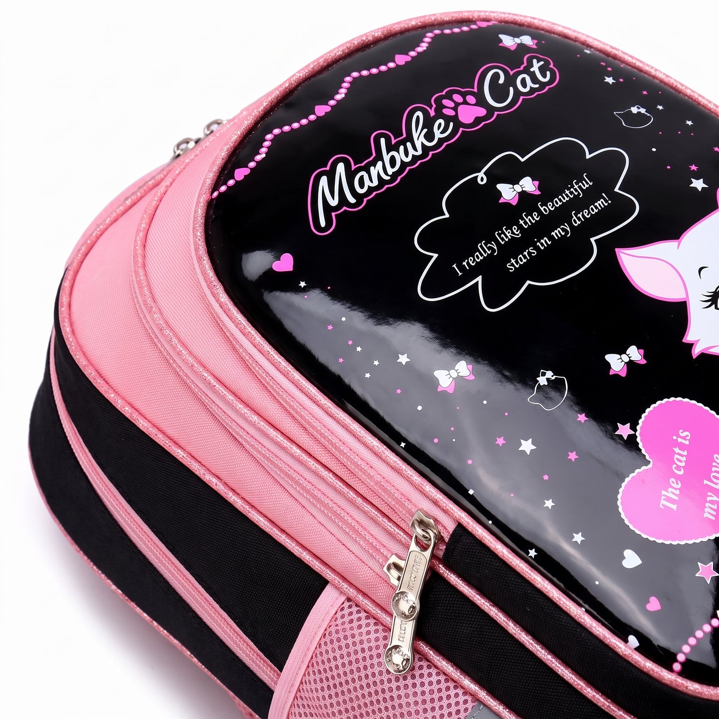 Kids Backpack Black Print Bag Cat Design - detail