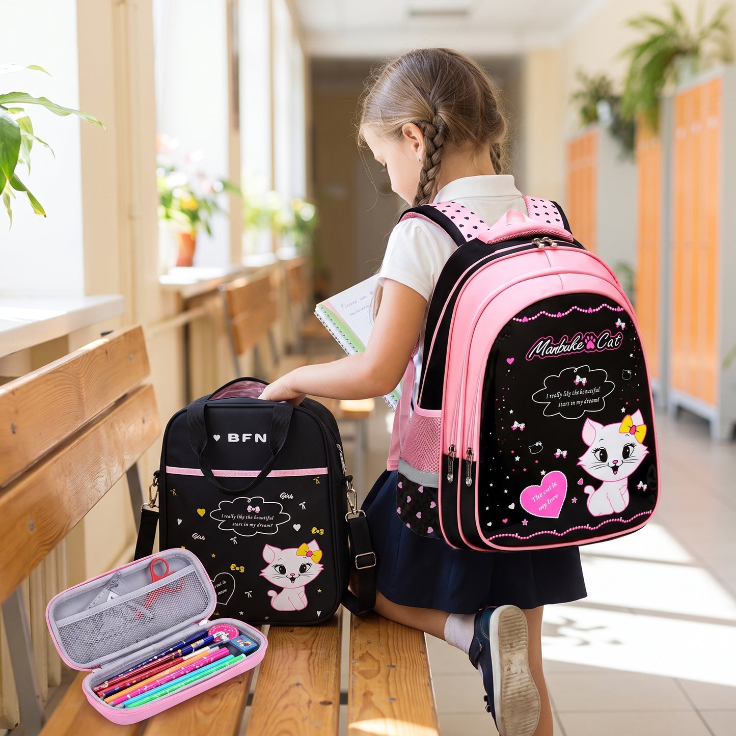 Kids Backpack Black Print Bag Cat Design - hero