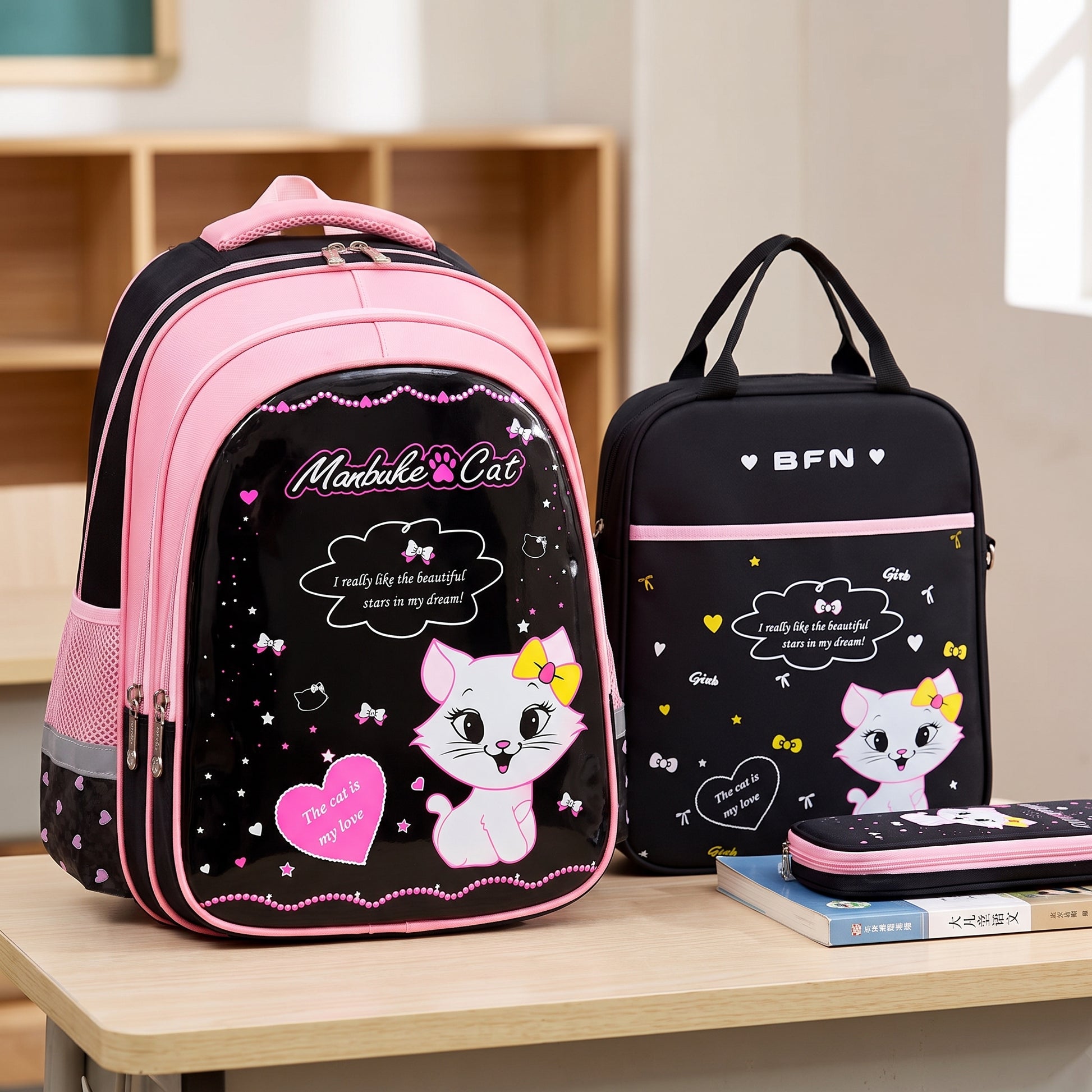 Kids Backpack Black Print Bag Cat Design - scale