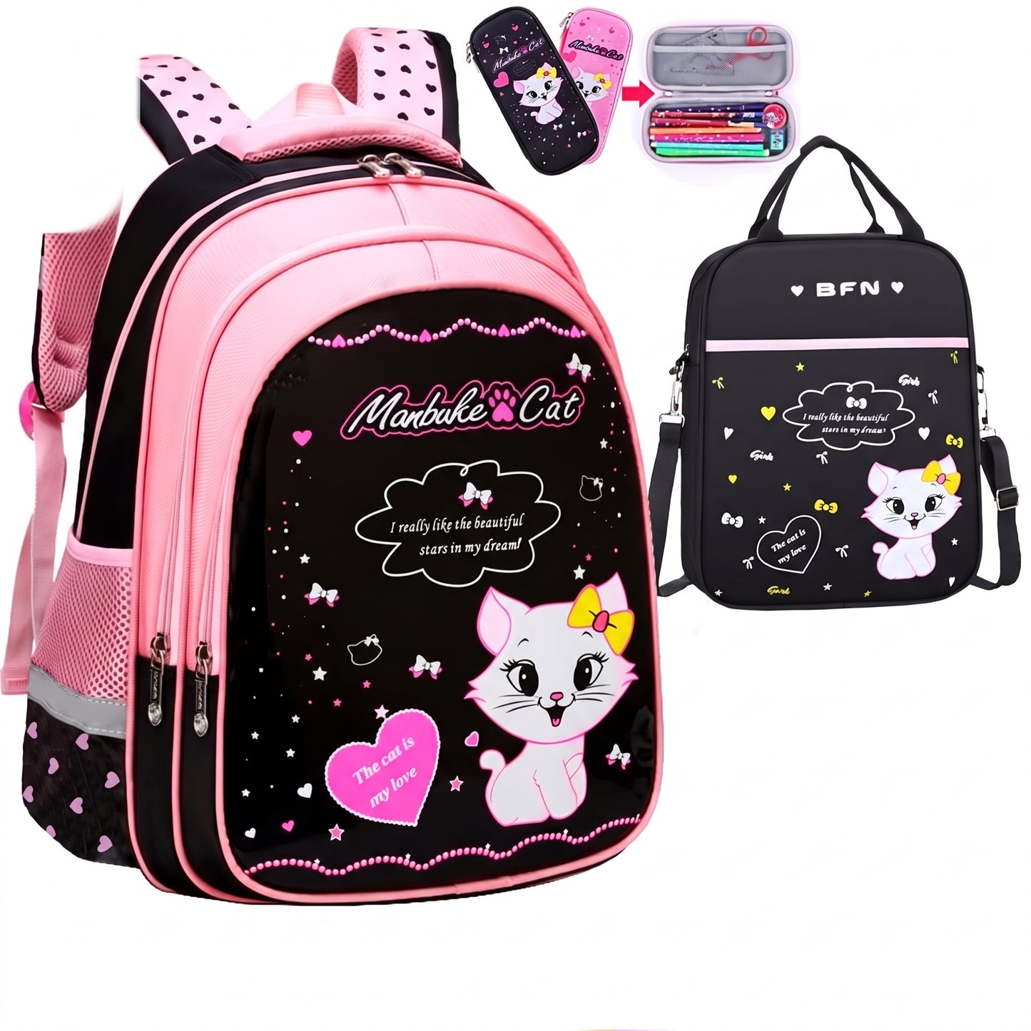 Kids Backpack Black Print Bag Cat Design - Image 6