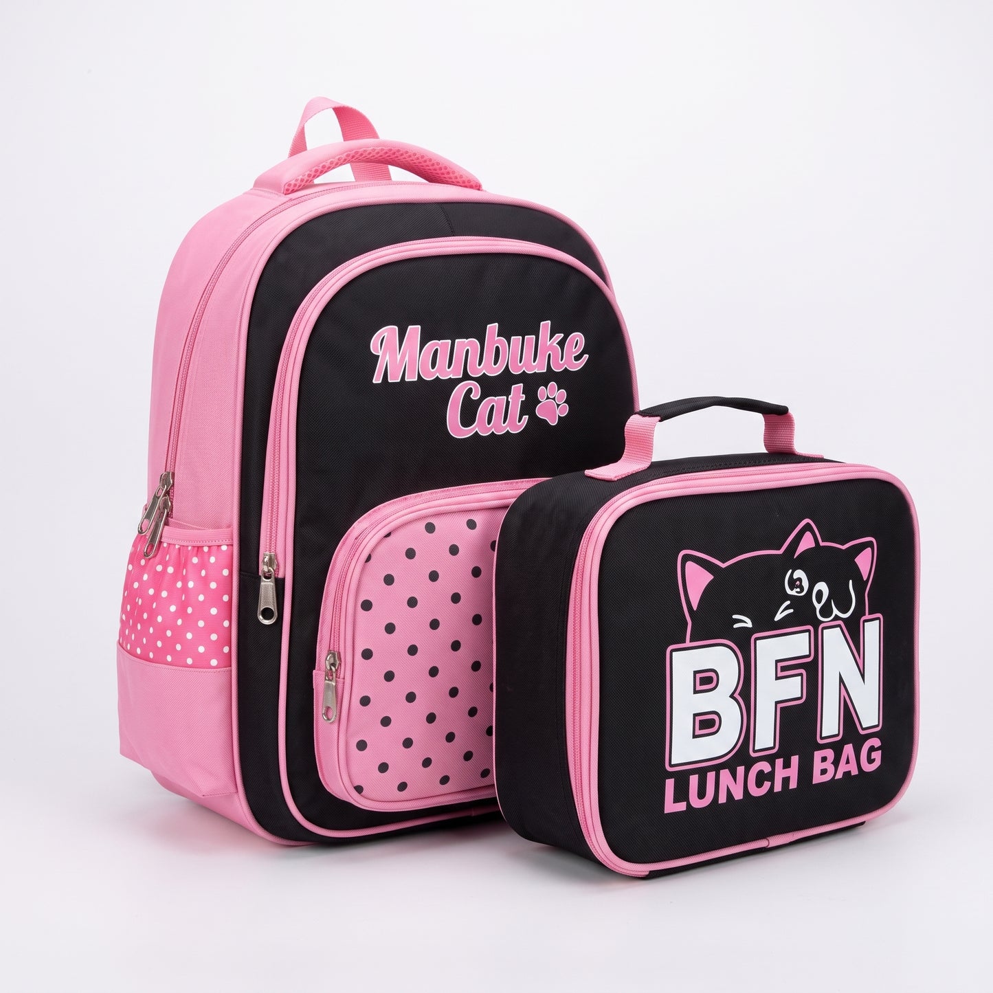 Kids Backpack Black Print Bag Cat Design - in-use