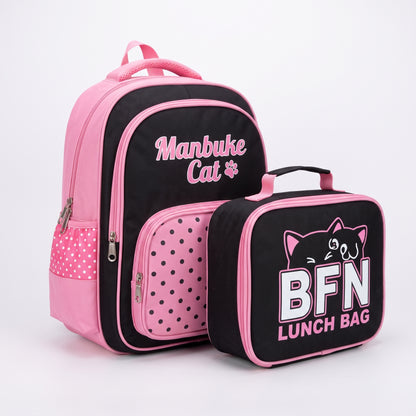 Kids Backpack Black Print Bag Cat Design - in-use