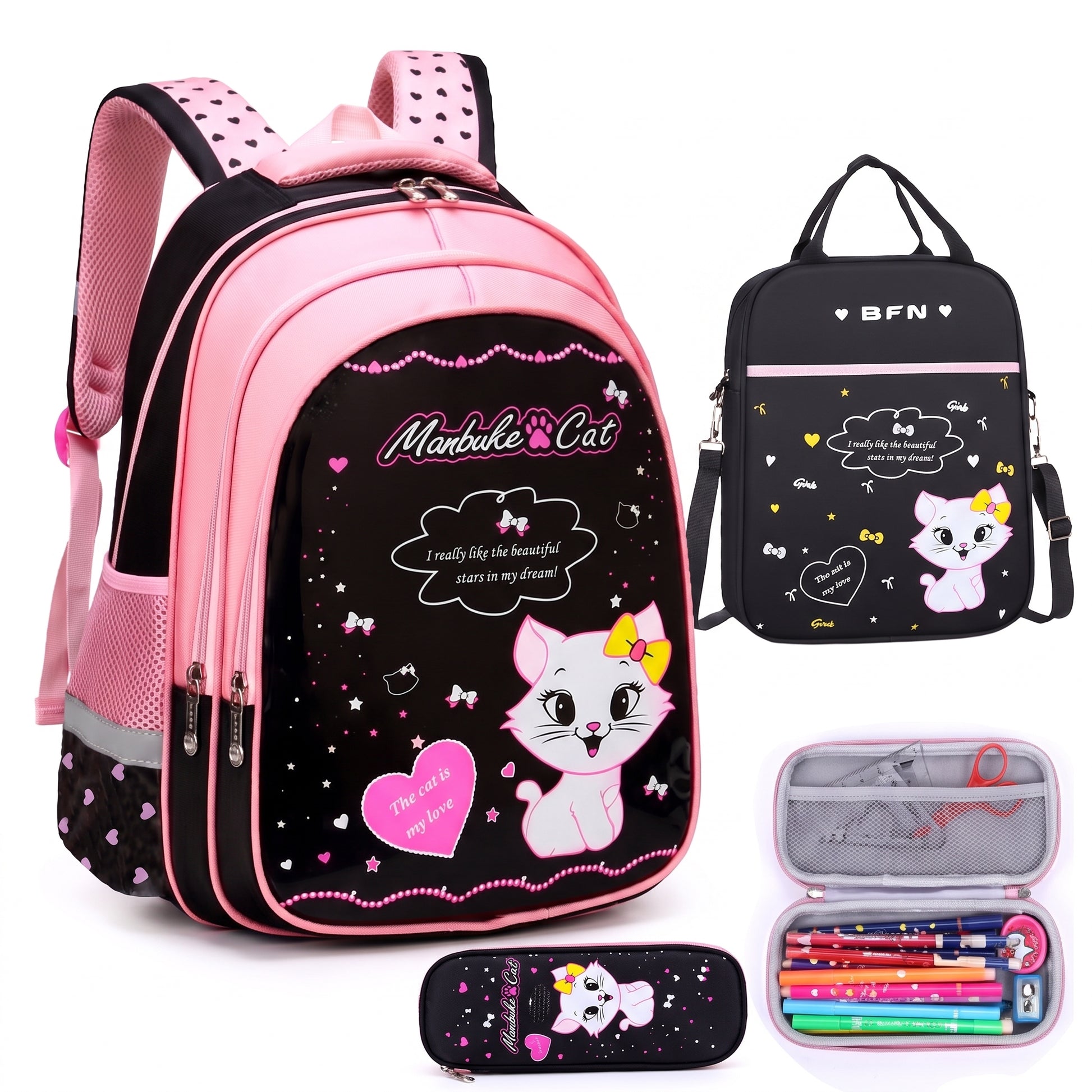 Kids Backpack Black Print Bag Cat Design - studio