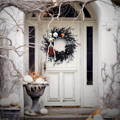 Gothic Halloween Wreath With Skeleton And Pumpkin Door Decor Wall Hanging Ready For Halloween Decor - Image 6