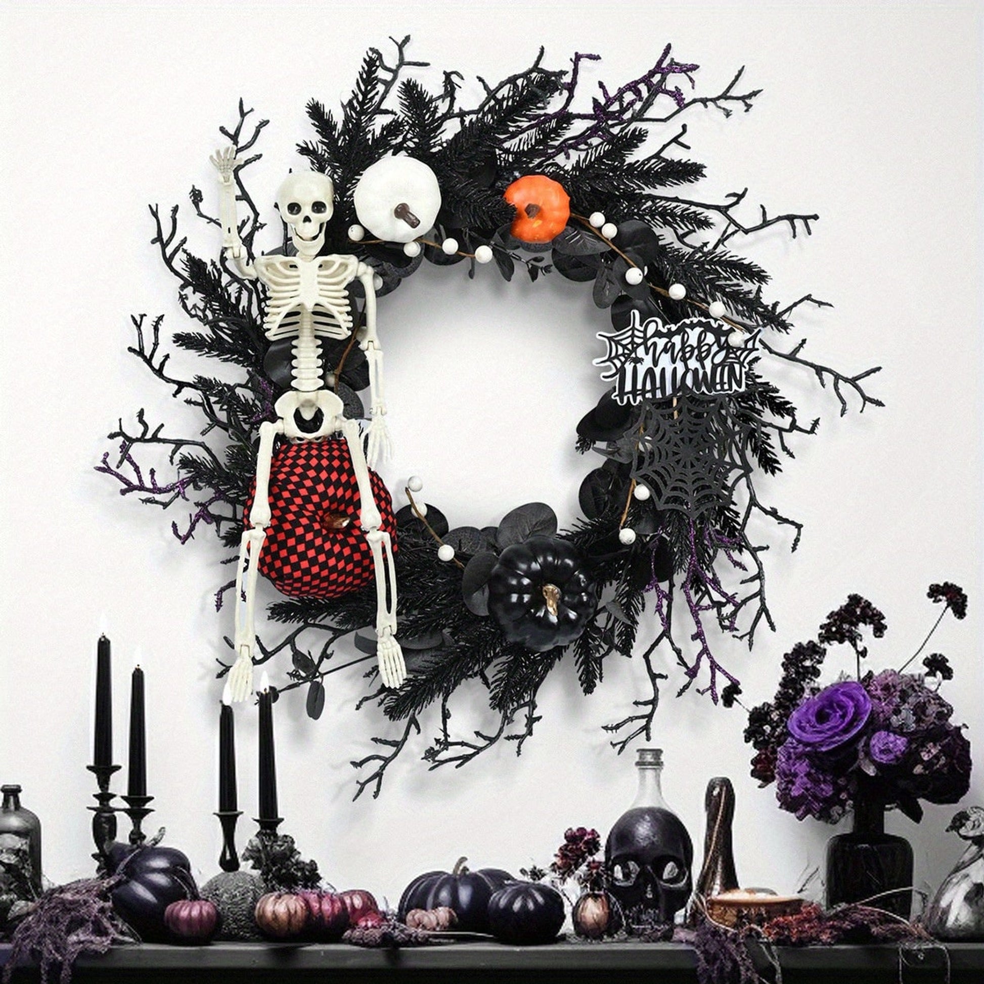 Gothic Halloween Wreath With Skeleton And Pumpkin Door Decor Wall Hanging Ready For Halloween Decor - Image 1