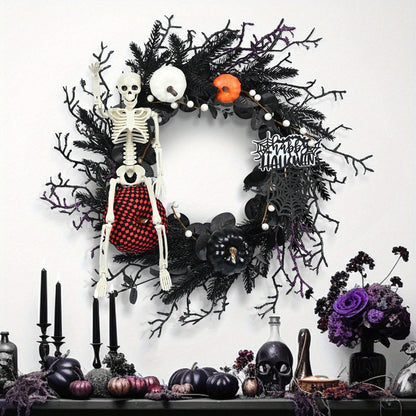 Gothic Halloween Wreath With Skeleton And Pumpkin Door Decor Wall Hanging Ready For Halloween Decor - Image 1
