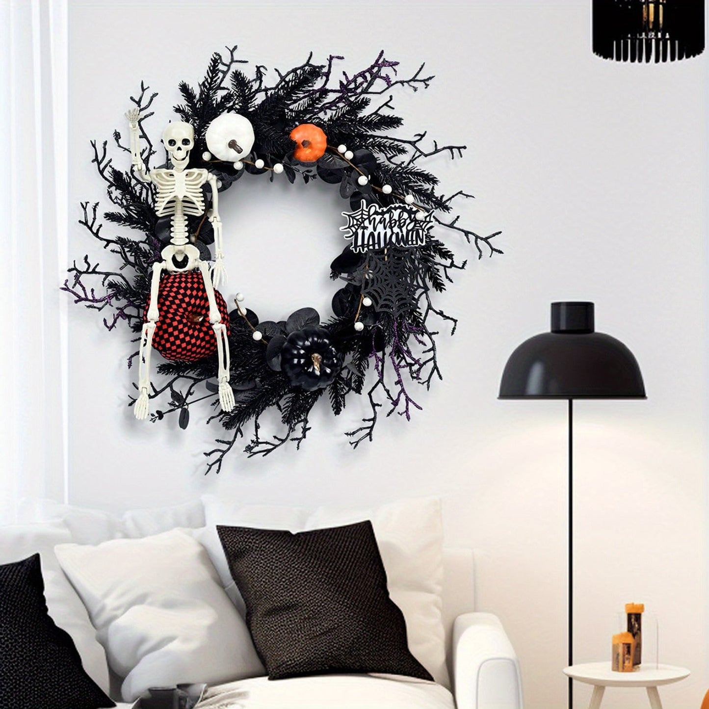 Gothic Halloween Wreath With Skeleton And Pumpkin Door Decor Wall Hanging Ready For Halloween Decor - Image 2