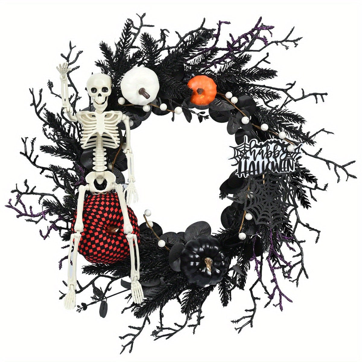 Gothic Halloween Wreath With Skeleton And Pumpkin Door Decor Wall Hanging Ready For Halloween Decor - Image 4