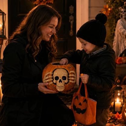 Halloween Candy Jar Skull Pumpkin Decorative Container With Top Hat And Skeleton Hands Design - Image 4
