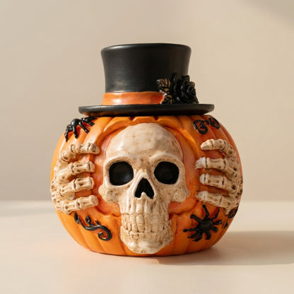 Halloween Candy Jar Skull Pumpkin Decorative Container With Top Hat And Skeleton Hands Design - Image 1