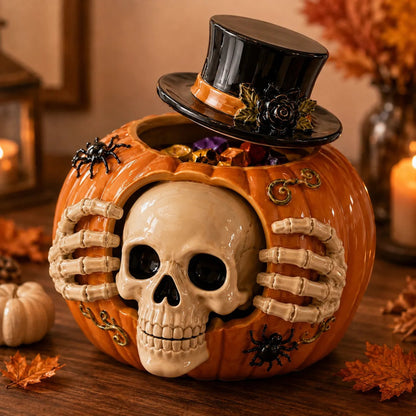 Halloween Candy Jar Skull Pumpkin Decorative Container With Top Hat And Skeleton Hands Design - Image 2