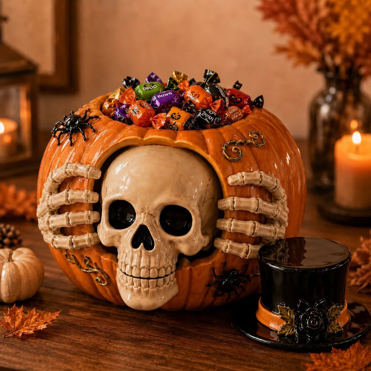 Halloween Candy Jar Skull Pumpkin Decorative Container With Top Hat And Skeleton Hands Design - Image 3