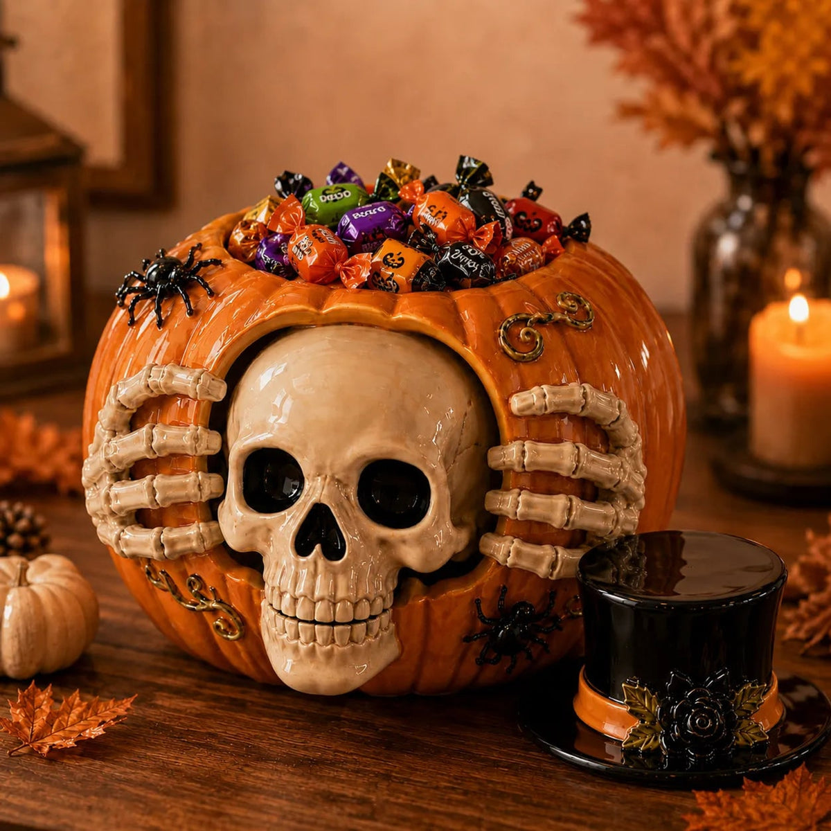 Halloween Candy Jar Skull Pumpkin Decorative Container With Top Hat And Skeleton Hands Design - Image 3