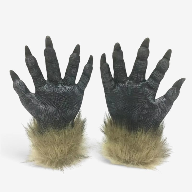 Halloween Costume Gray Werewolf Claw Gloves Fur Cuffs - Image 1