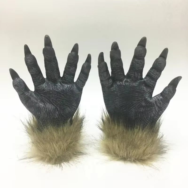 Halloween Costume Gray Werewolf Claw Gloves Fur Cuffs - Image 2