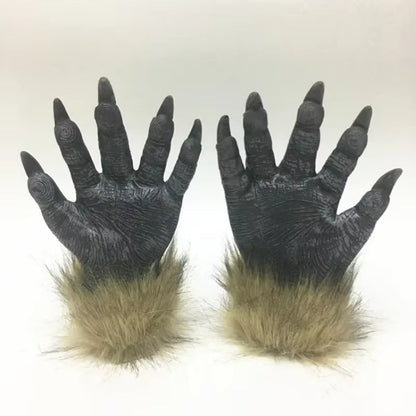 Halloween Costume Gray Werewolf Claw Gloves Fur Cuffs - Image 2