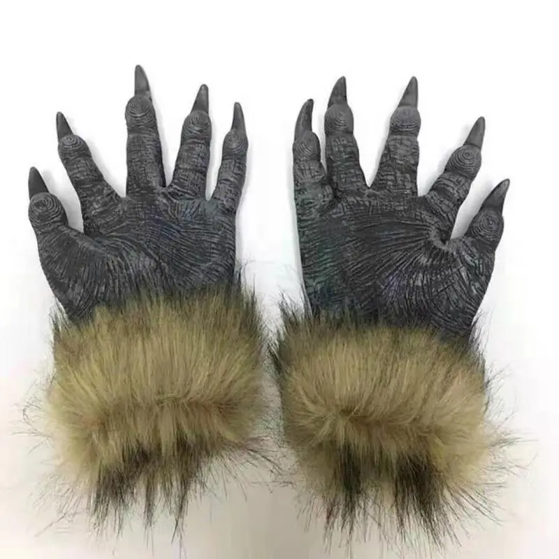 Halloween Costume Gray Werewolf Claw Gloves Fur Cuffs - Image 3