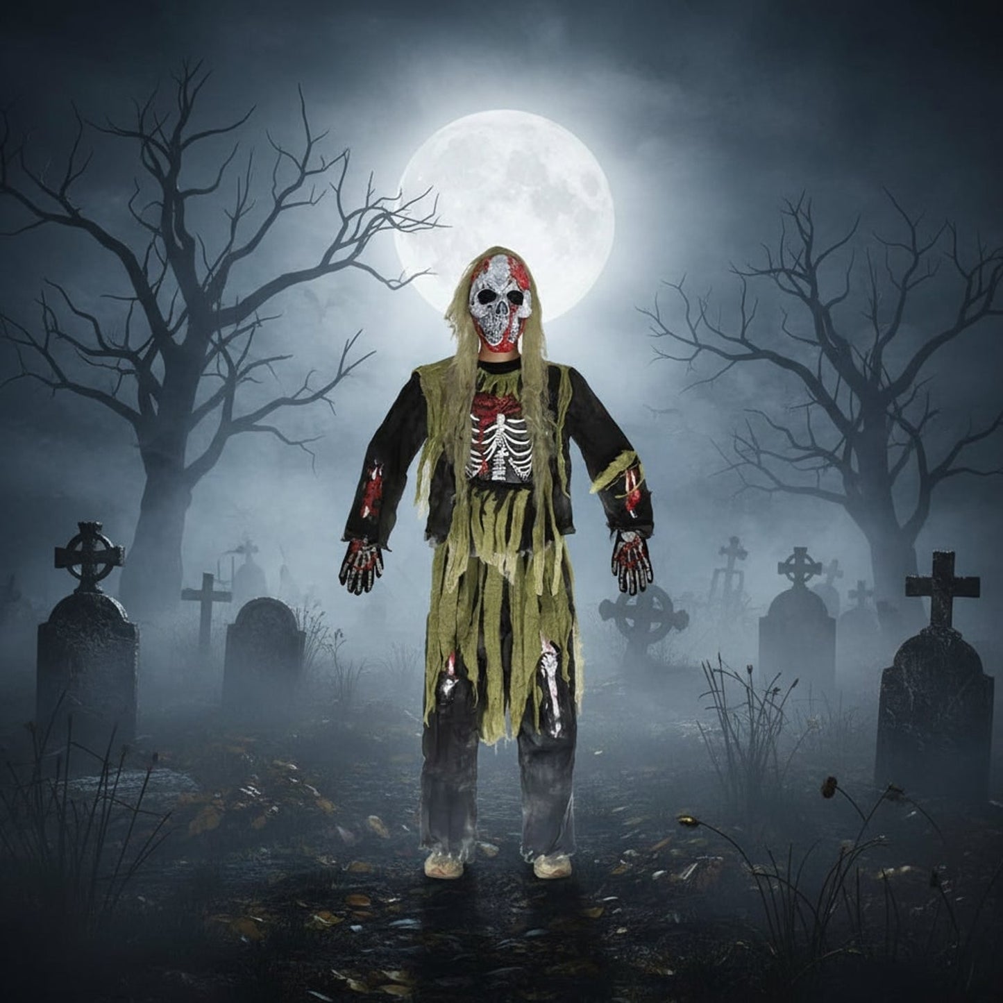 Halloween Costume Kids' Zombie Skeleton With Skull Mask And Gloves Three-Piece Set - Image 2