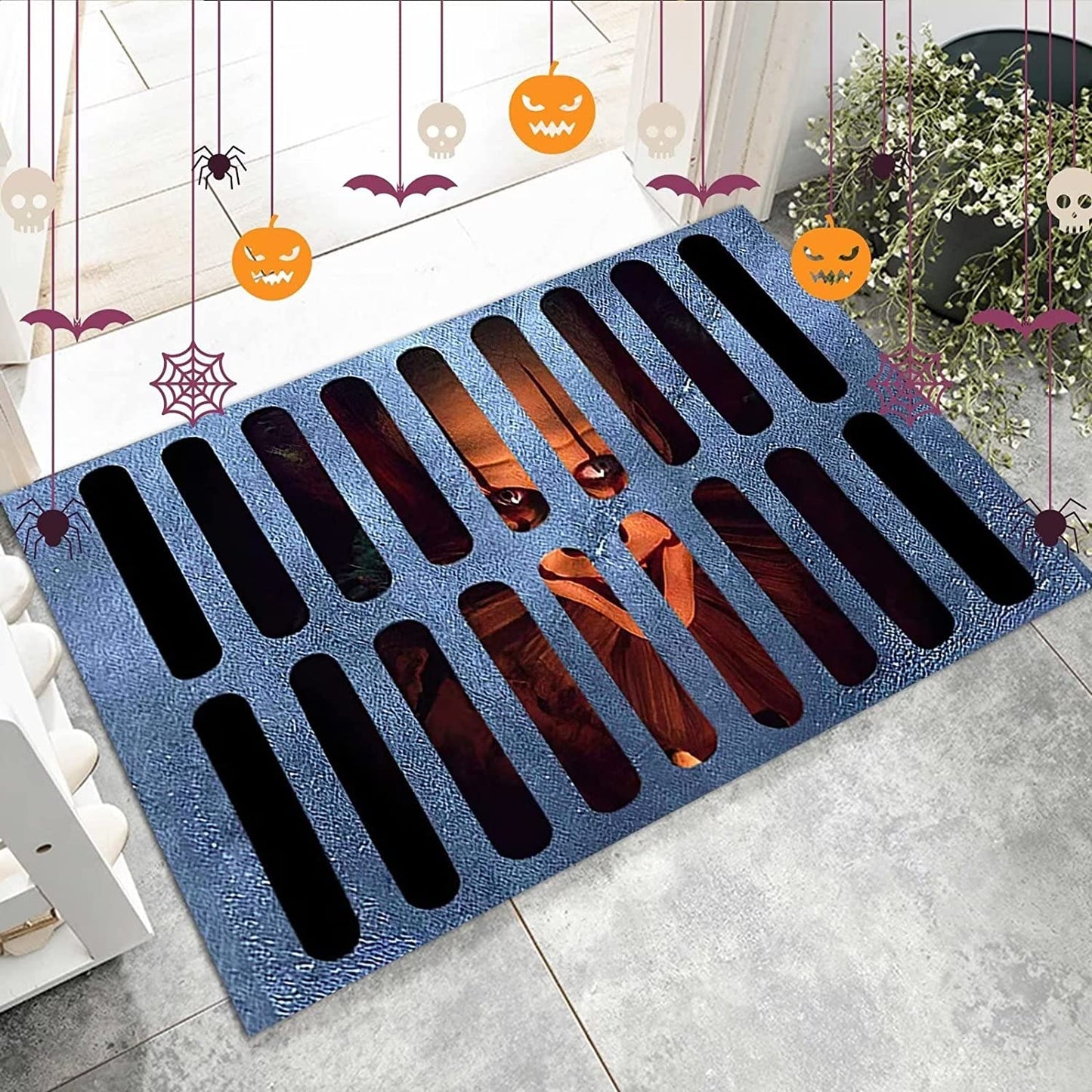 Halloween Doormat Welcome Mat Grate Design Face Blue Black Orange Accents Themed - Image 5
