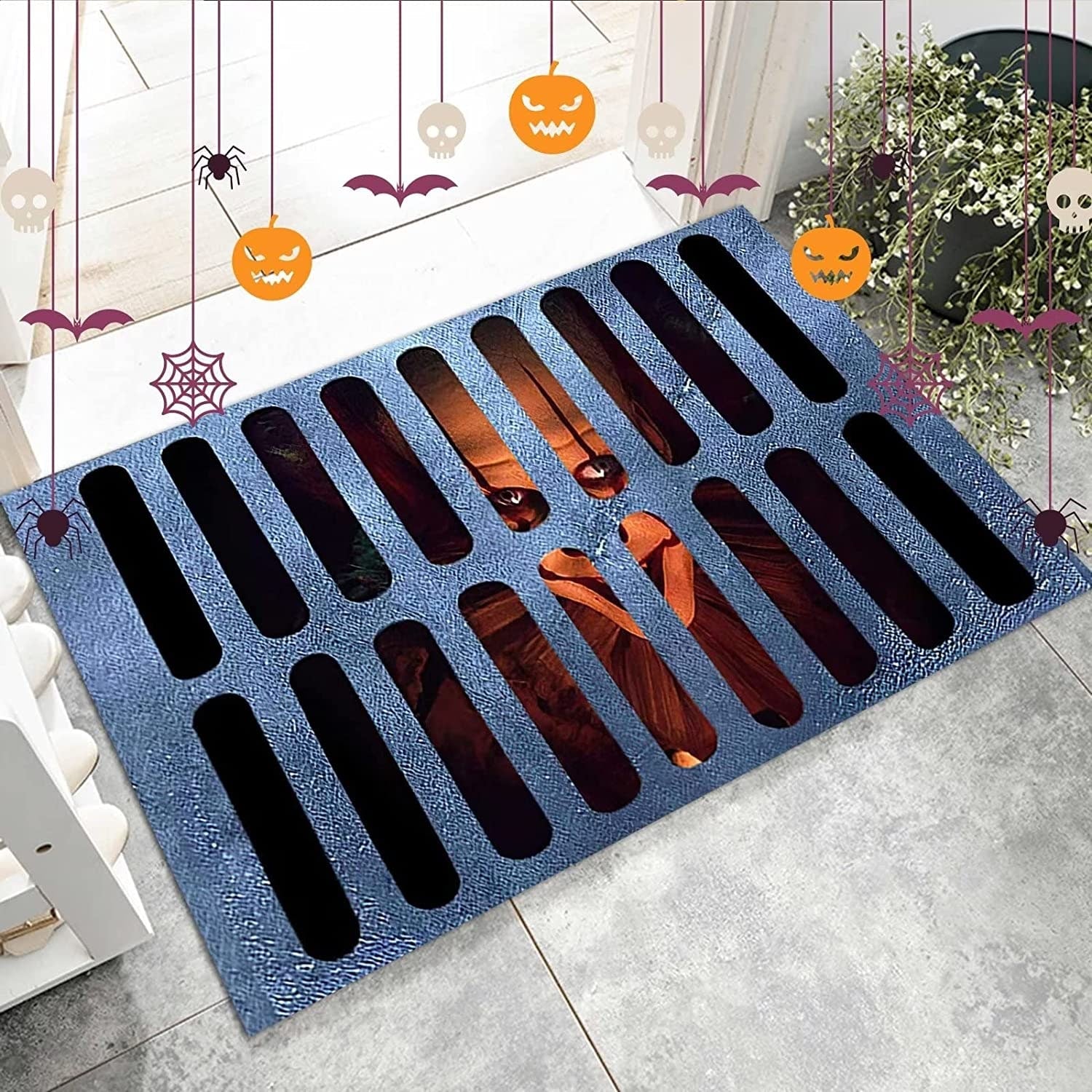 Halloween Doormat Welcome Mat Grate Design Face Blue Black Orange Accents Themed - Image 5