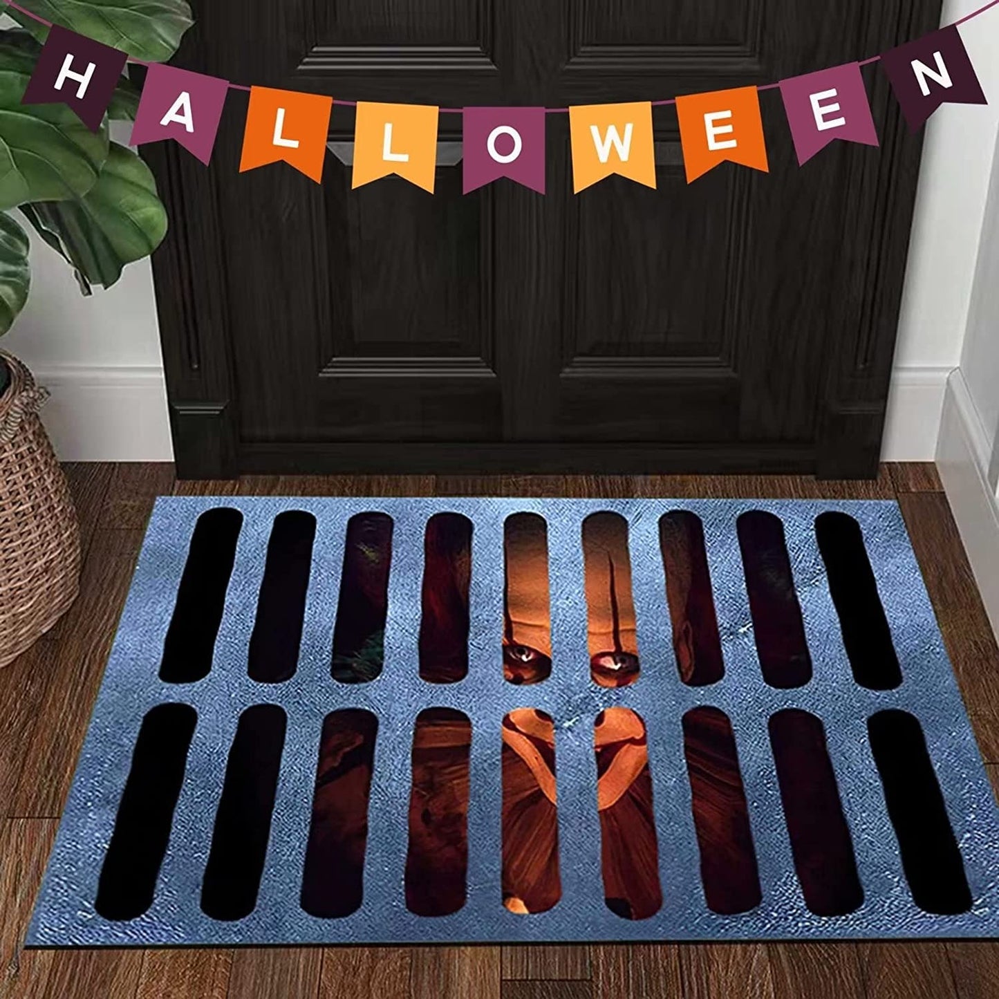 Halloween Doormat Welcome Mat Grate Design Face Blue Black Orange Accents Themed - Image 6