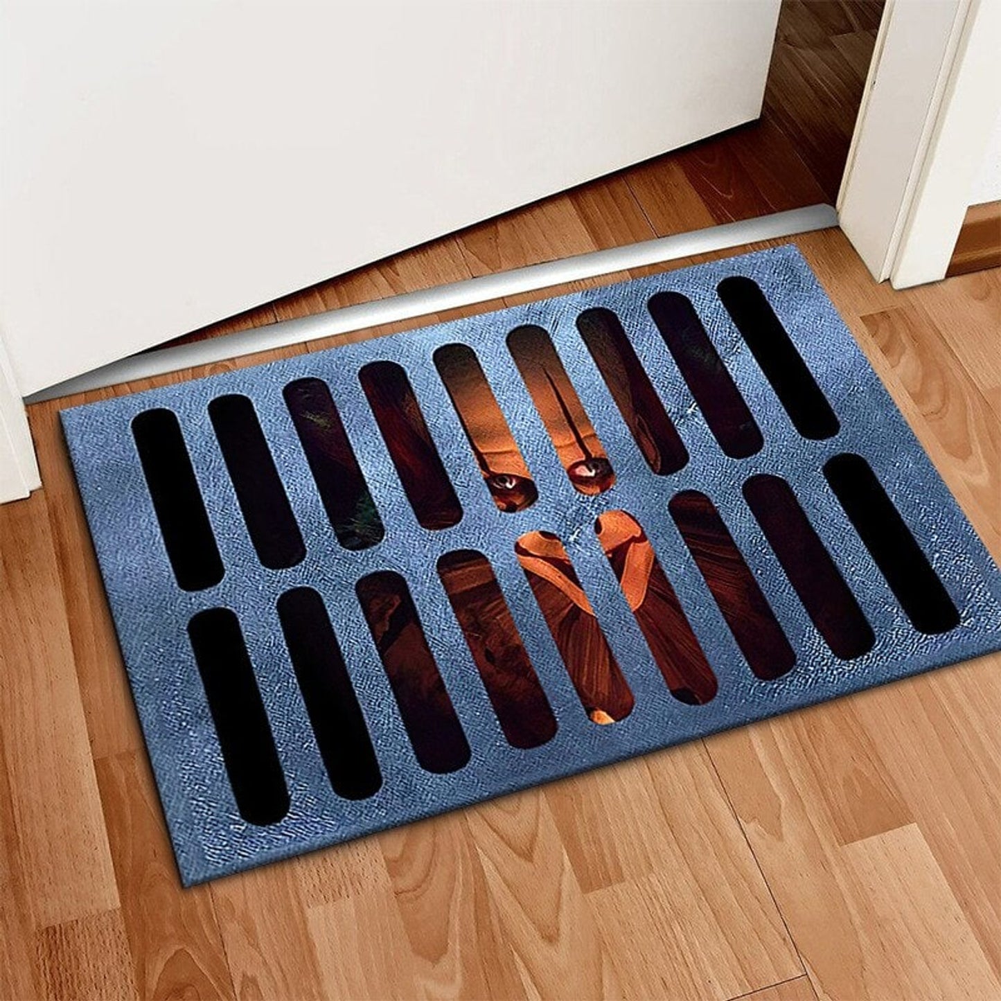 Halloween Doormat Welcome Mat Grate Design Face Blue Black Orange Accents Themed - Image 3