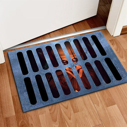 Halloween Doormat Welcome Mat Grate Design Face Blue Black Orange Accents Themed - Image 3