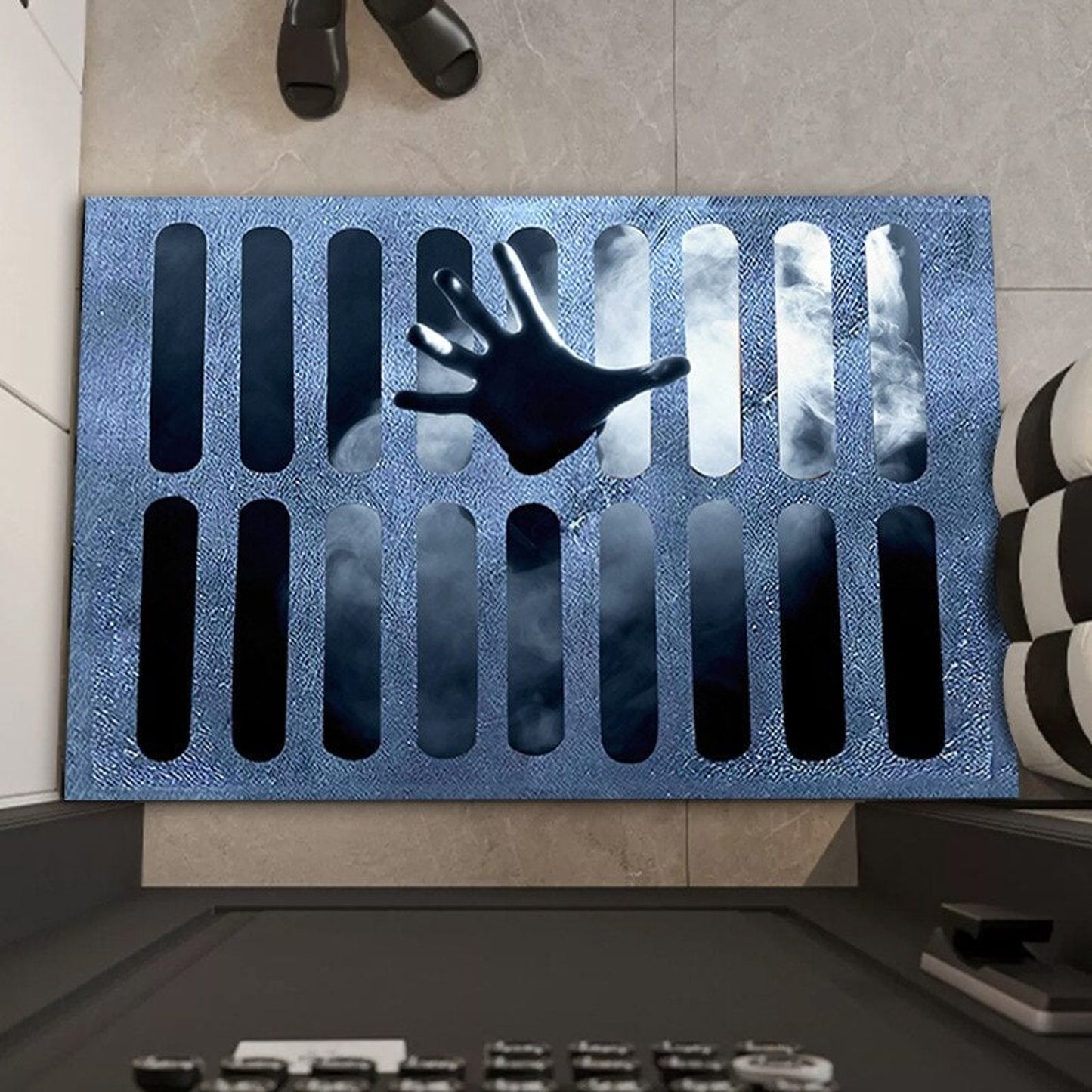 Halloween Doormat Welcome Mat Grate Design Face Blue Black Orange Accents Themed - Image 7