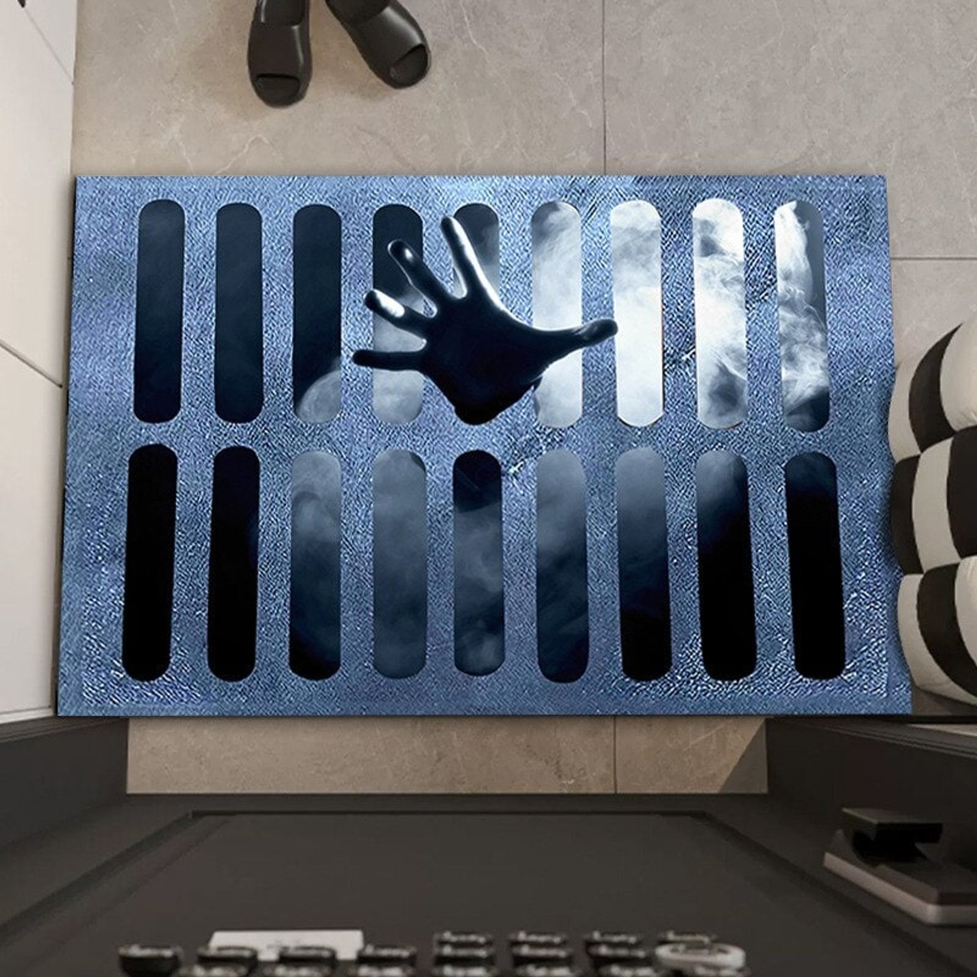 Halloween Doormat Welcome Mat Grate Design Face Blue Black Orange Accents Themed - Image 7