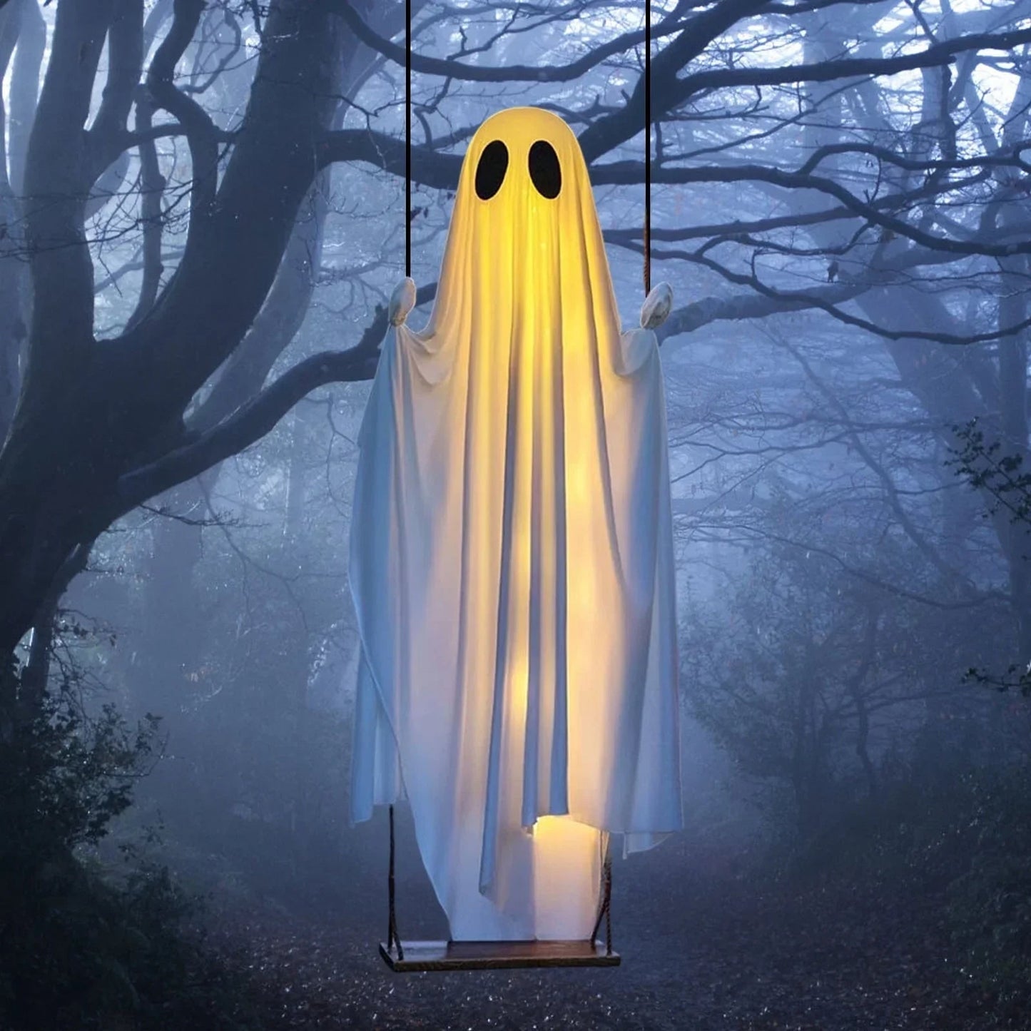 Halloween Ghost Decoration With Integrated LED String Lights Hanging Figure On Swing For Porch Decor - Image 2