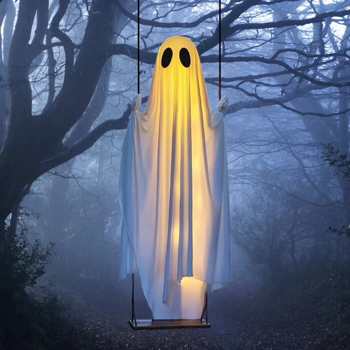 Halloween Ghost Decoration With Integrated LED String Lights Hanging Figure On Swing For Porch Decor - Image 2