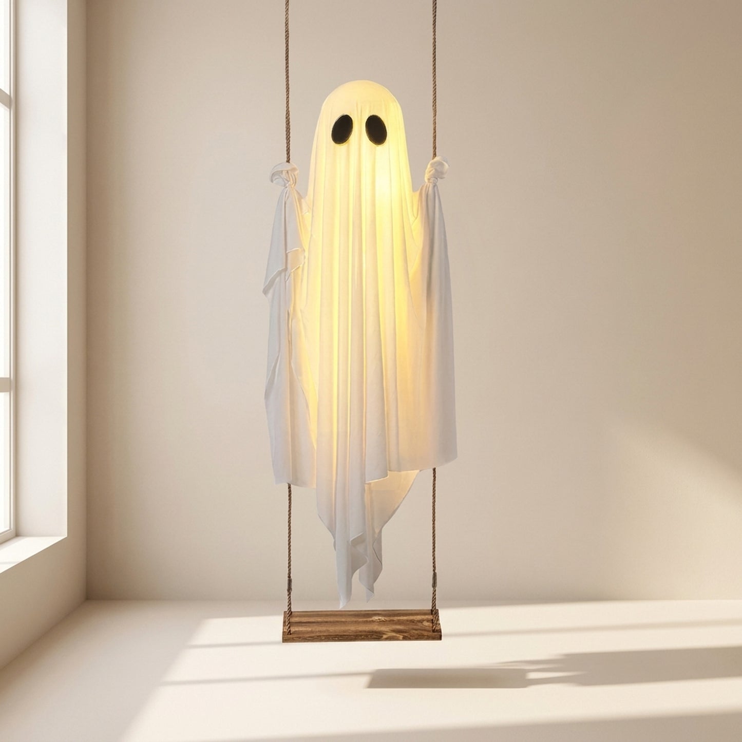 Halloween Ghost Decoration With Integrated LED String Lights Hanging Figure On Swing For Porch Decor - Image 1