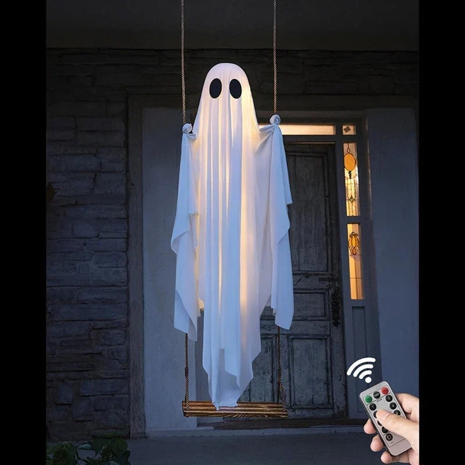 Halloween Ghost Decoration With Integrated LED String Lights Hanging Figure On Swing For Porch Decor - Image 3